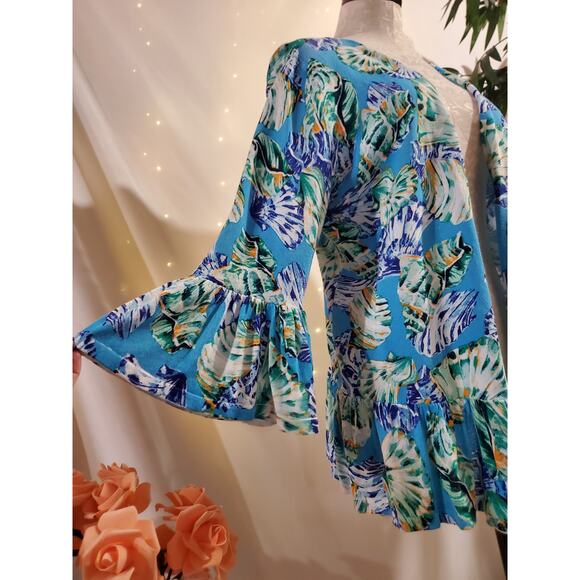 Chicos Linen Blend Sea Shell Print 3/4 Bell Sleeve Open Cardigan Sweater Size L - Picture 2 of 10